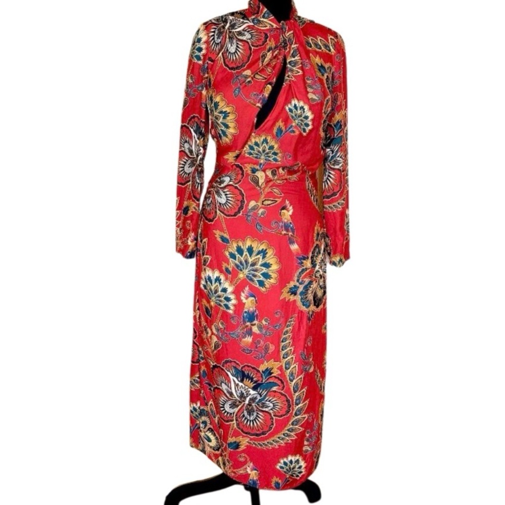 FARM Rio Red Blue Parrot Floral Cutout Midi Dress Long Sleeve Size M - Picture 5 of 16